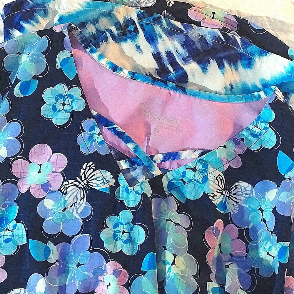 Pretty, flowers, and butterflies, scrub shirt